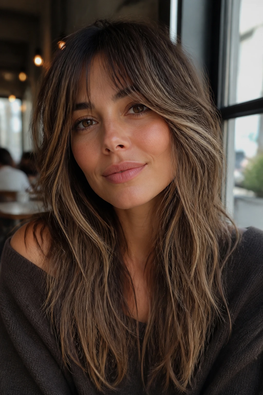 Portrait of a woman with soft shag layers emphasizing cheekbones under natural light
