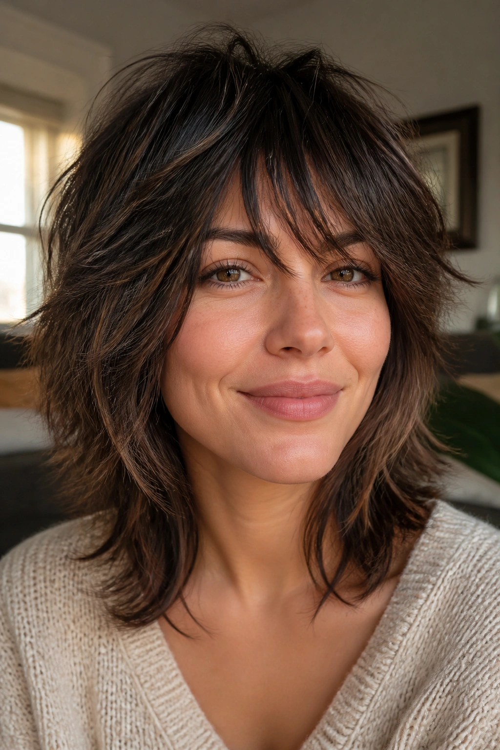 Real woman with soft shag and choppy textured hair.