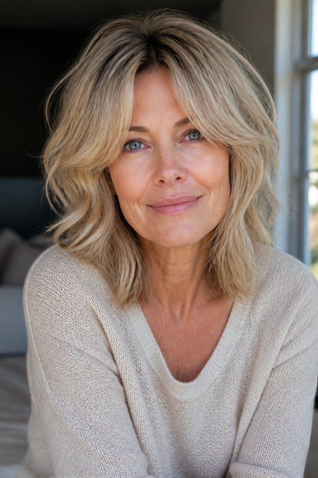 Close-up of a mature woman with a soft shag, curtain bangs, and airy layers in natural window light