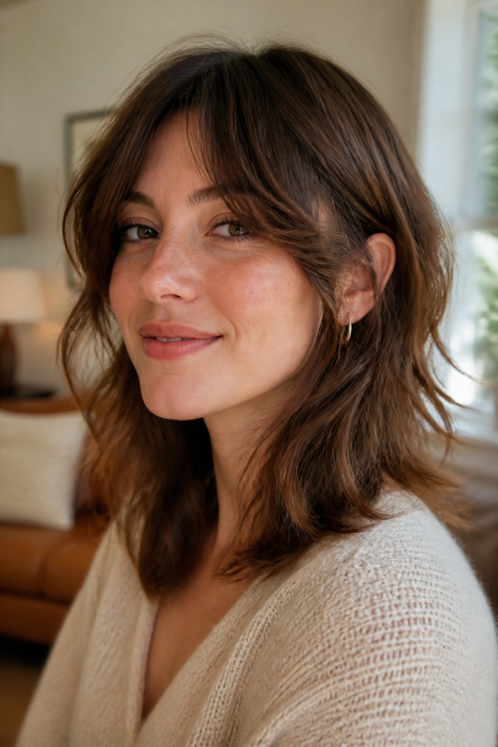 Real woman with a soft shag and curtain bangs framing her cheeks