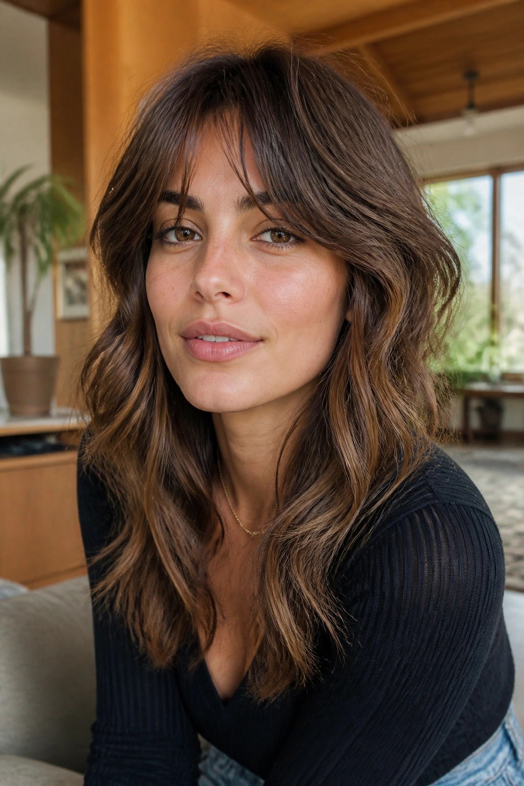 Close-up of a real woman with soft shag curtain bangs and natural texture