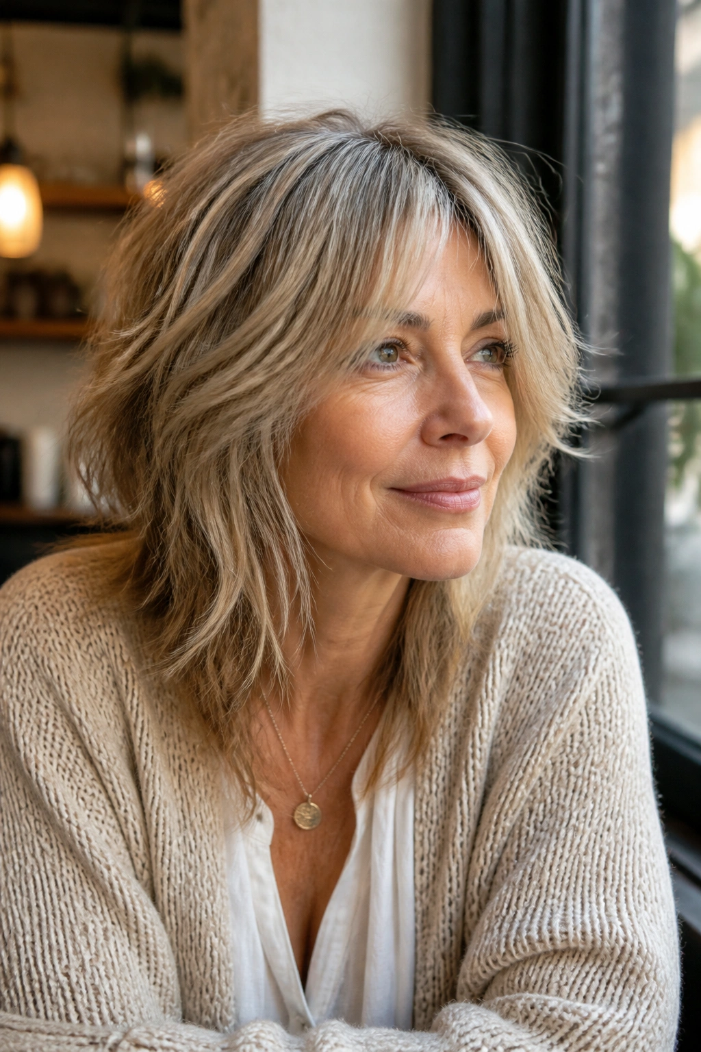 Close-up of a real woman with soft shag and curtain bangs opening the face.