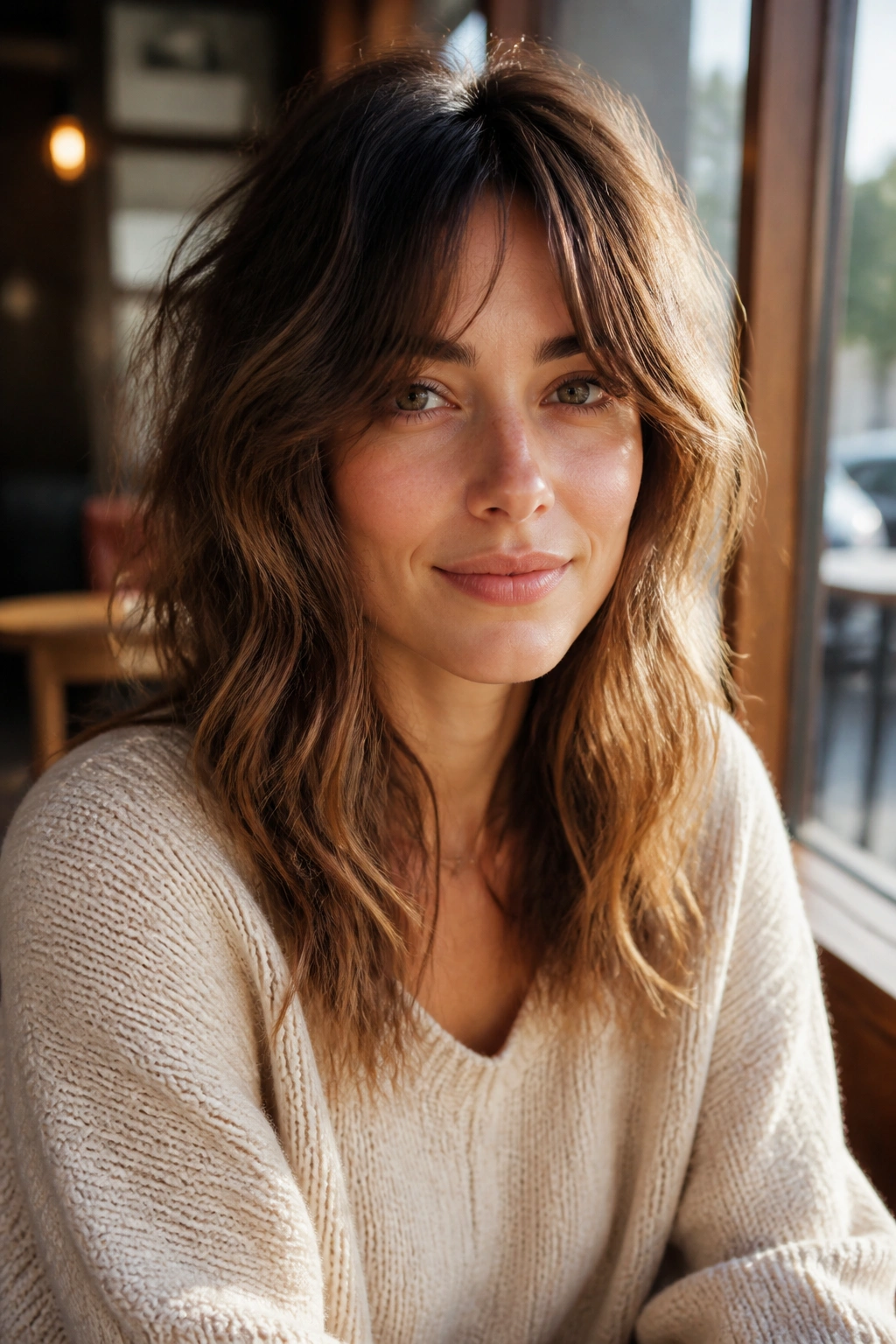 Close-up portrait of a real woman with soft shag and long face-framing pieces in wavy hair, warm natural light