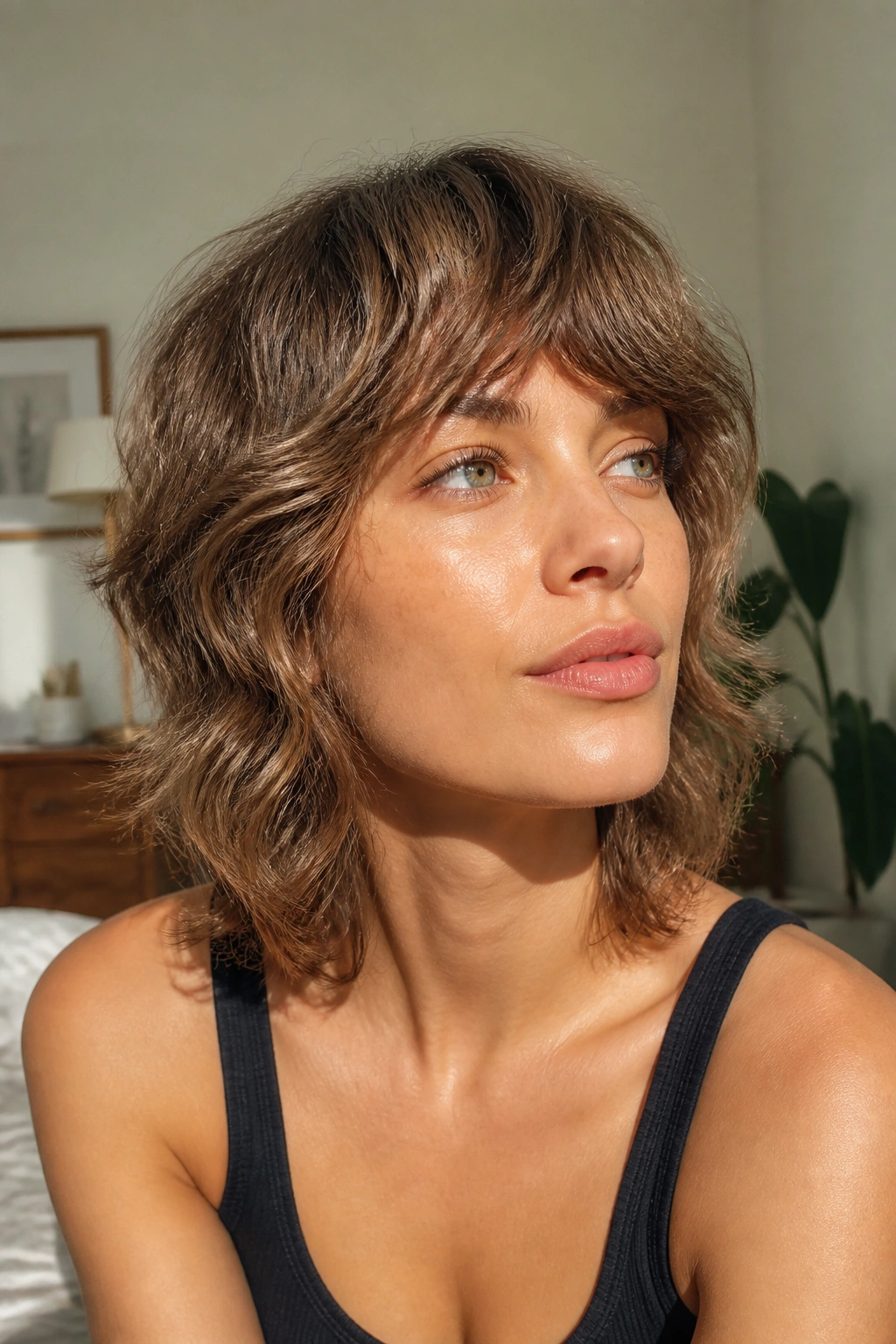 Close-up of a real woman with a soft shag and feathered ends in warm sunlit indoor light
