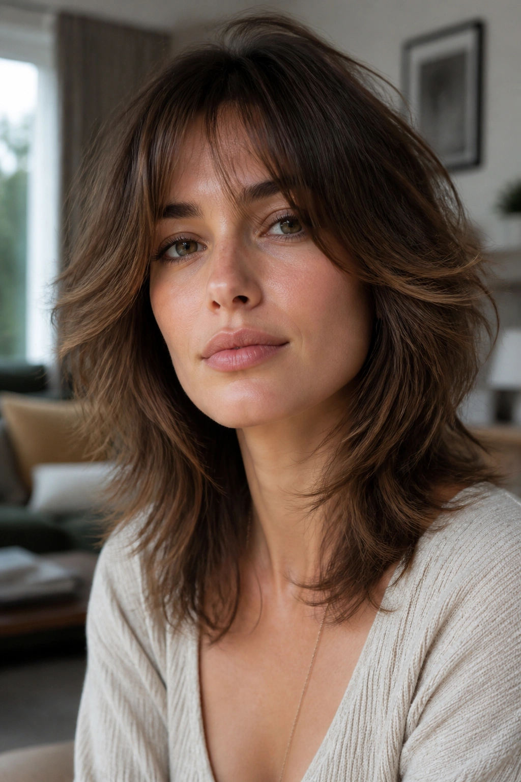Close-up portrait of a real woman with a soft shag