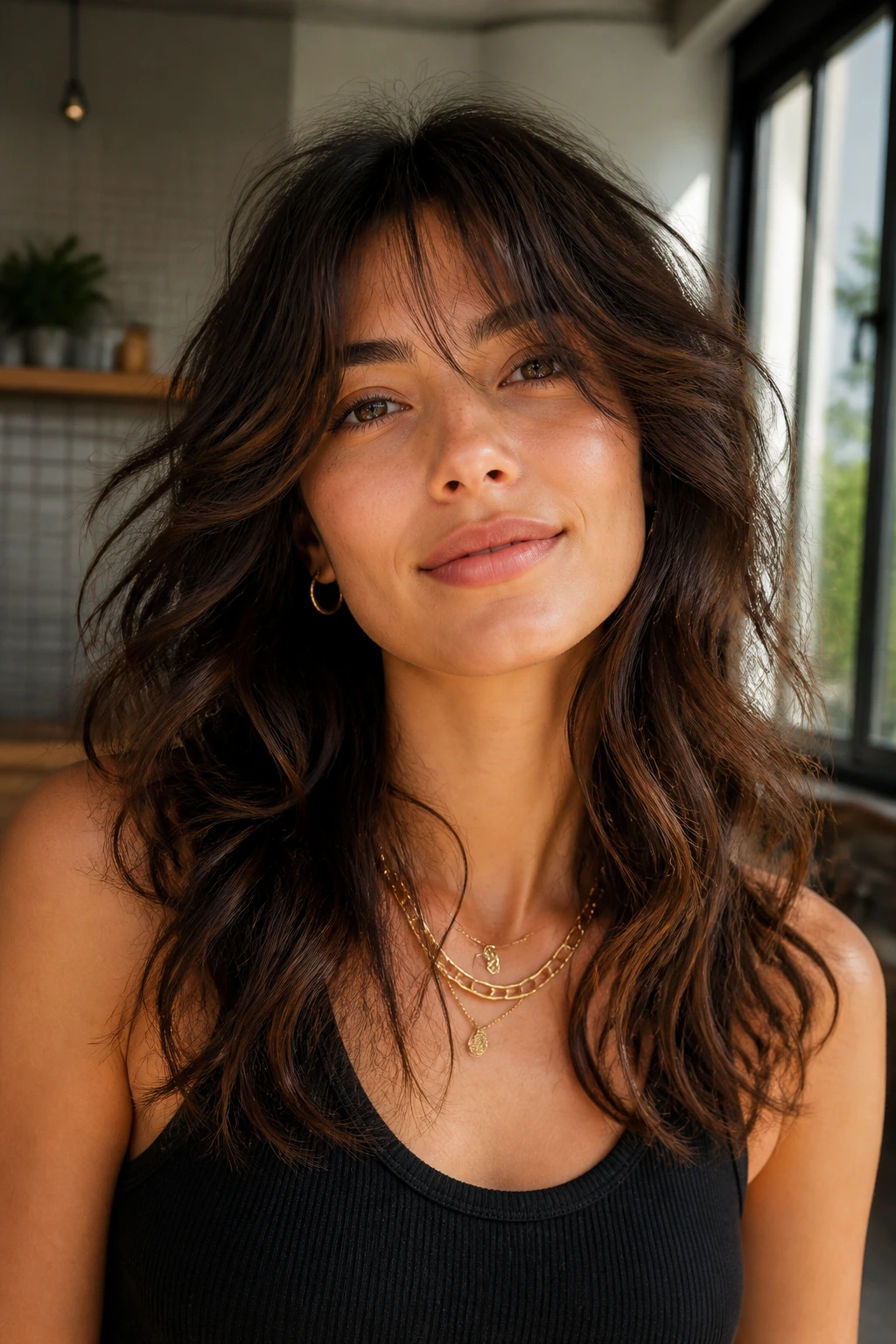 Portrait of a woman with feathered fringe and shaggy layers in warm natural light