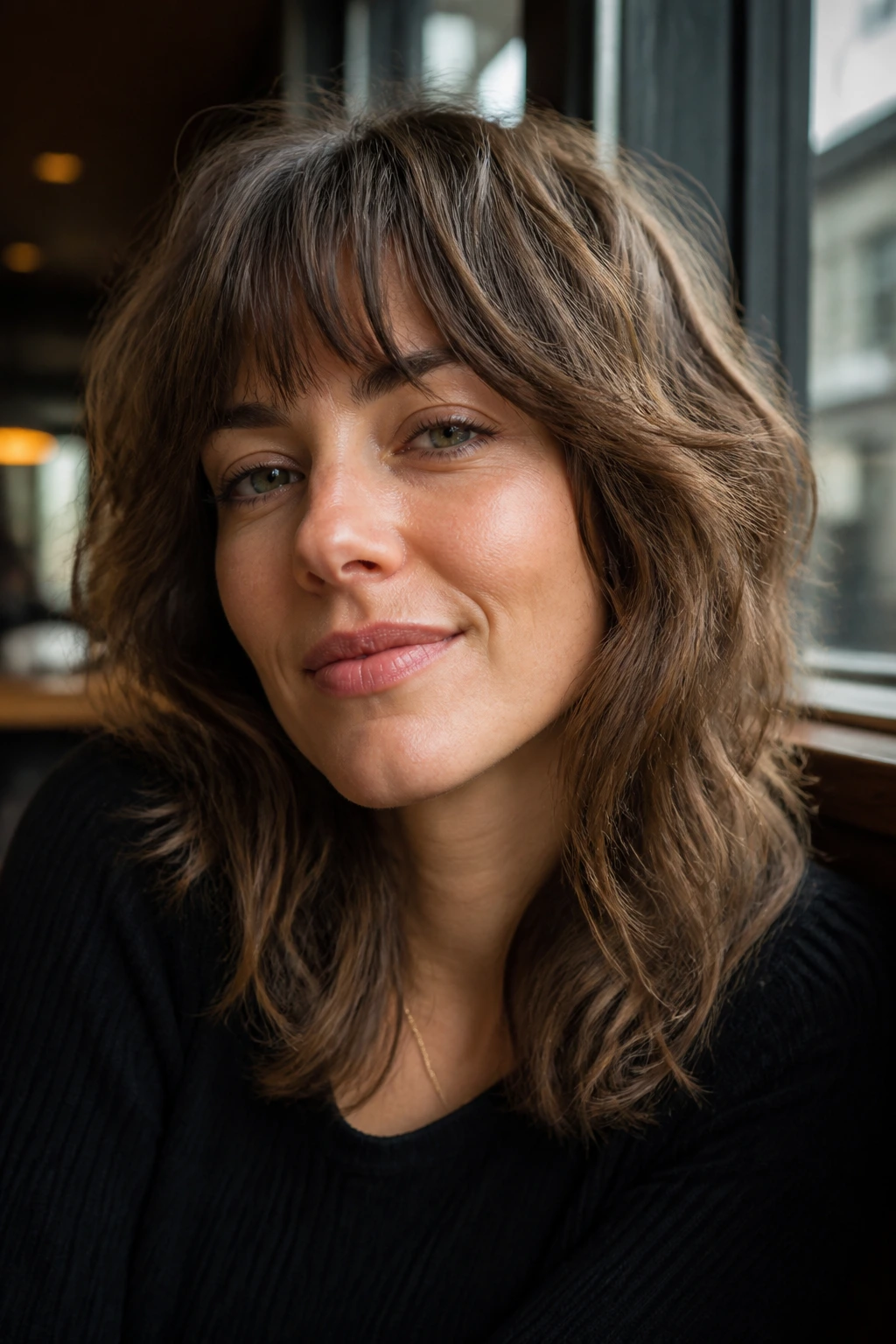 Close-up of a woman with a soft shag and feathered fringe in cafe window light