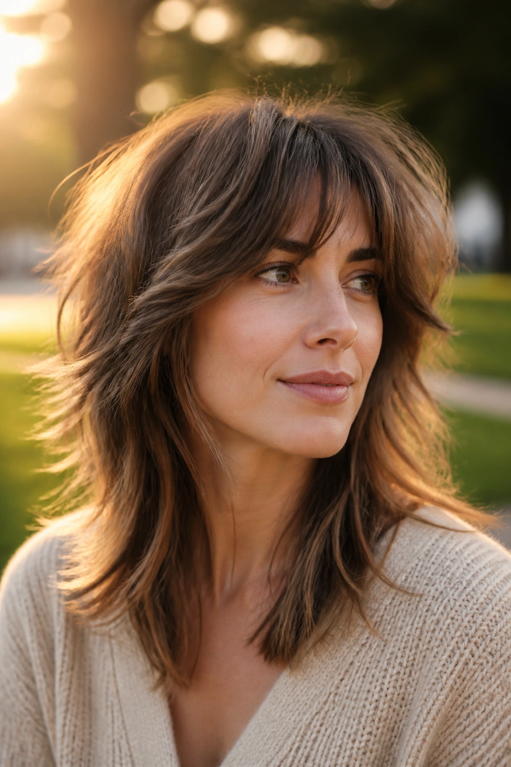 Close-up portrait of a real person with soft shag hairstyle outdoors