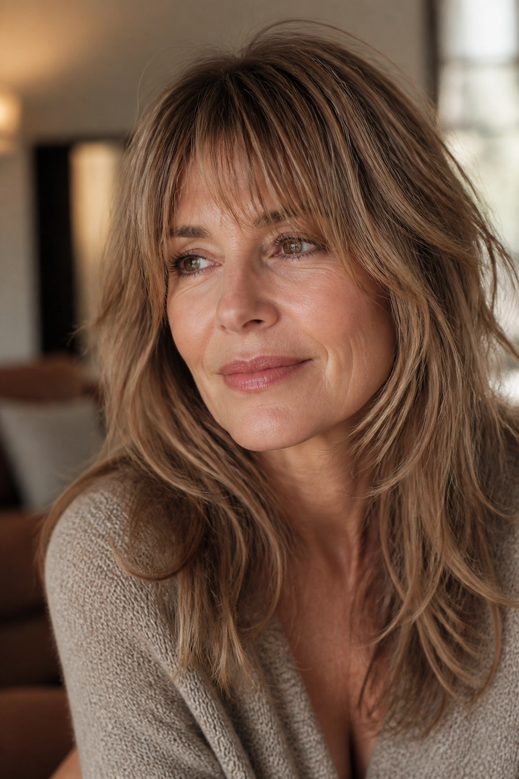 Real woman with soft shag fringe blending into layered cut