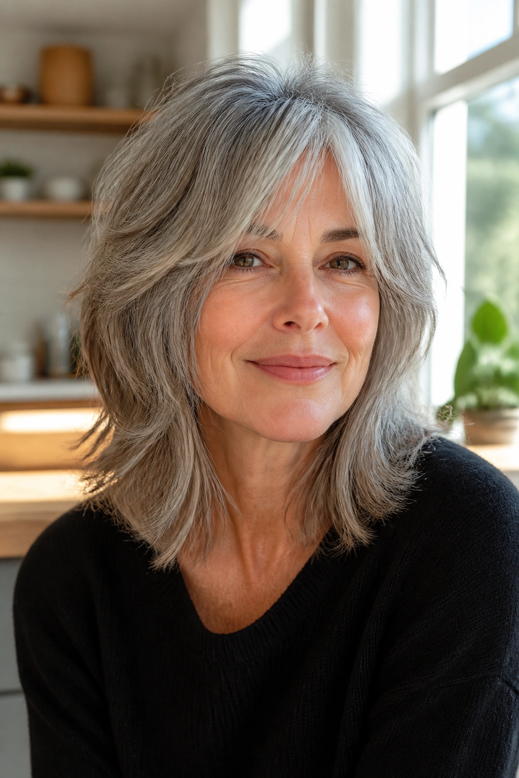 Close-up portrait of a real woman with soft shag layers and gray hair.