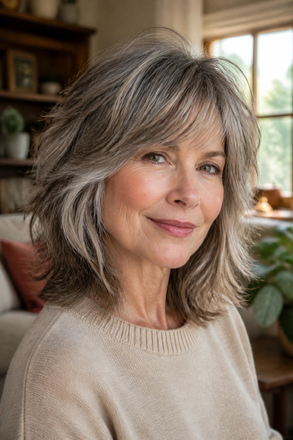 Portrait of a real woman with a soft shag shoulder-length hairstyle