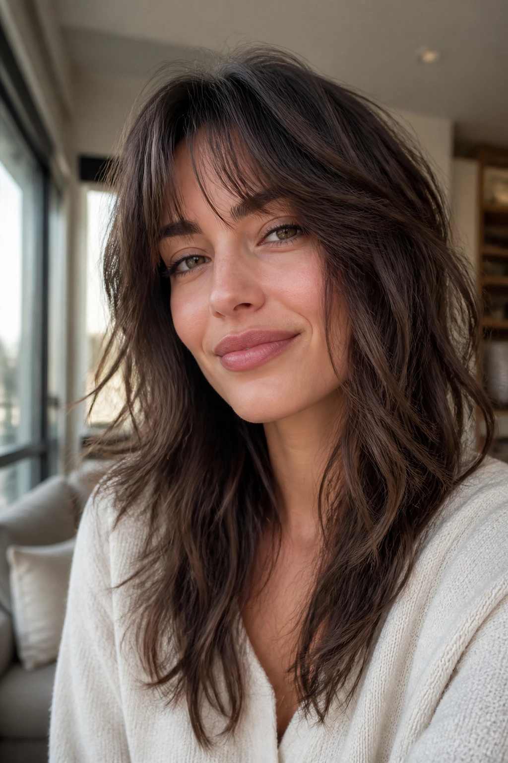 Close-up of a real person with a soft shag hairstyle and layered texture.