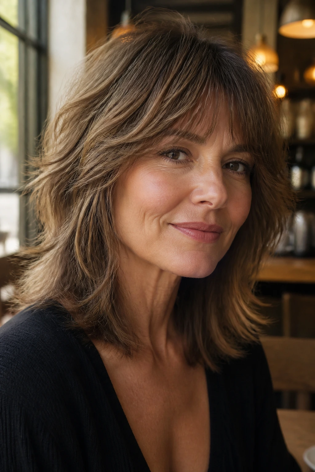 Close-up of a real woman with Soft Shag hairstyle