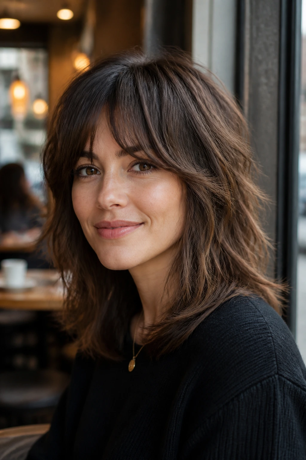 Portrait of a woman with soft shag hairstyle showing layered texture