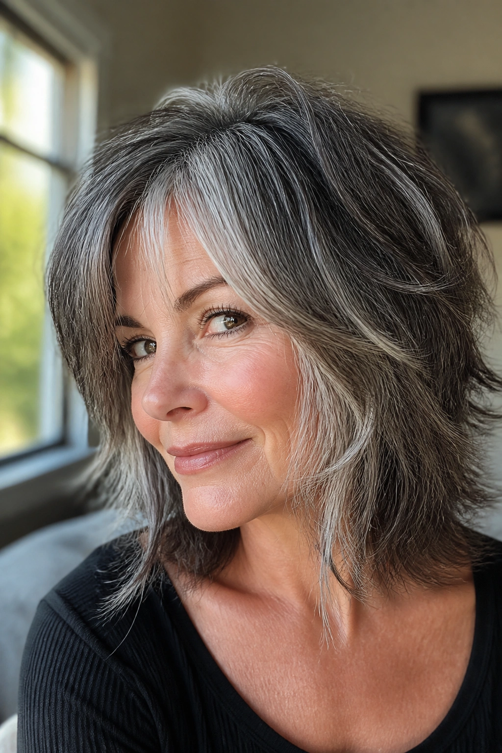 Close-up of a real woman with a soft shag and scattered bright pieces in salt-and-pepper hair