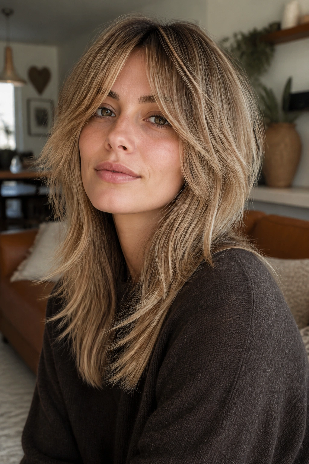 Close-up of a real woman with soft shag hairstyle and kept ends in a cozy interior