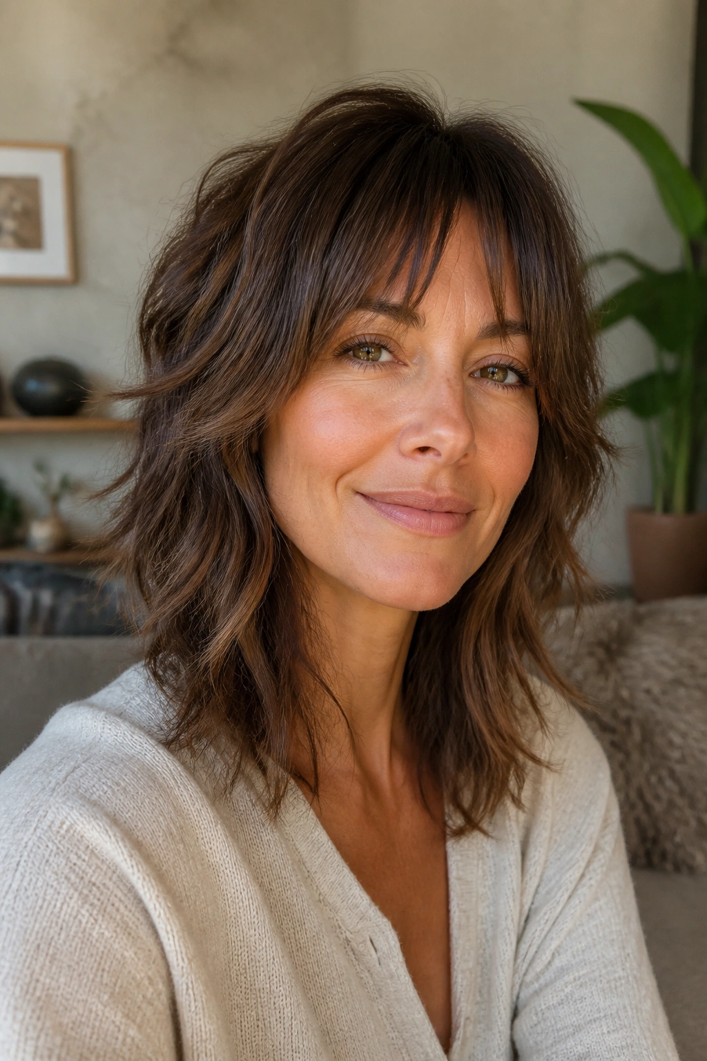 Portrait of a woman with a soft shag featuring broken-up layers and feathered pieces