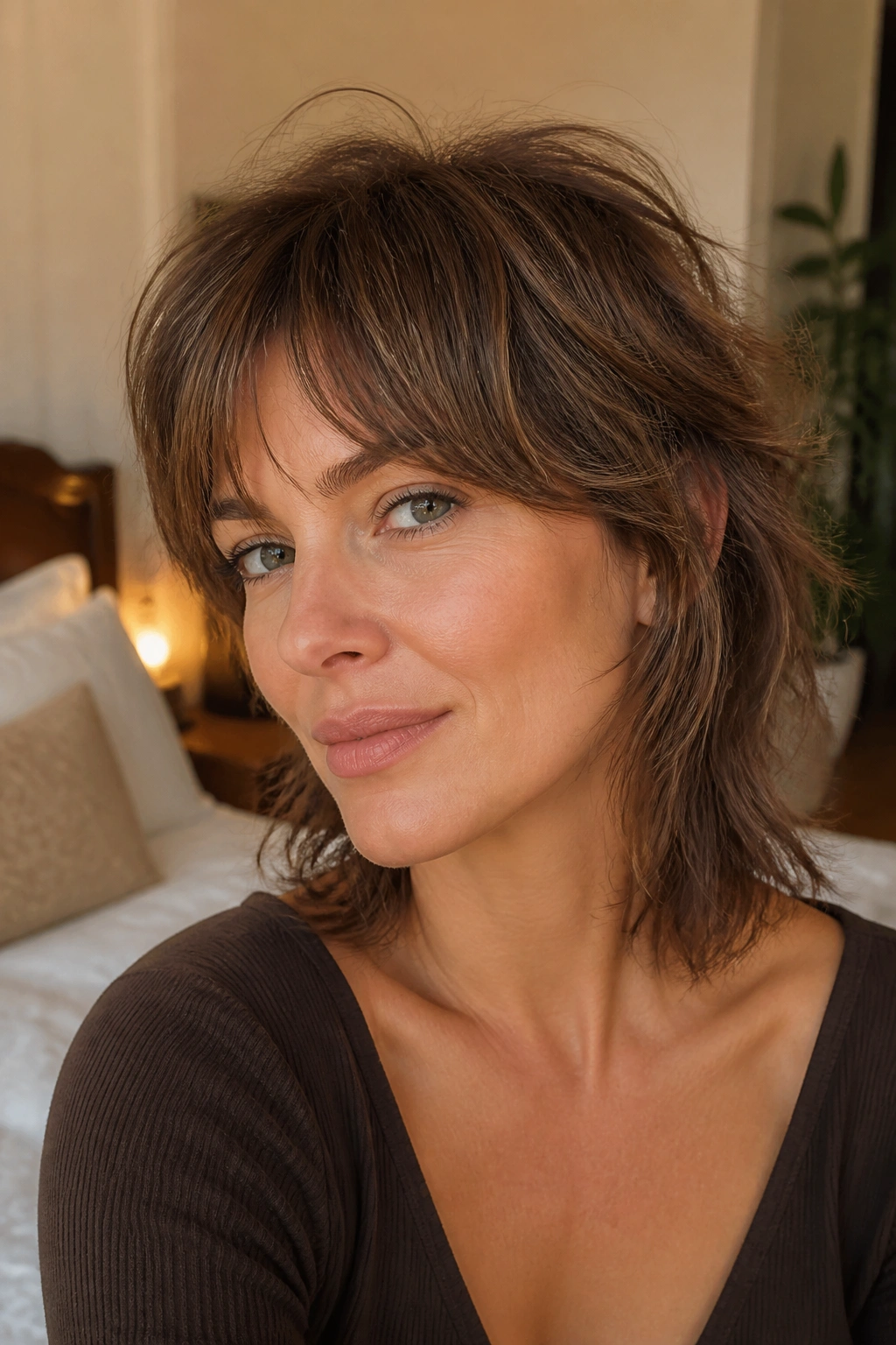 Close-up of a real woman showing a soft shag with broken-up layers framing the face.