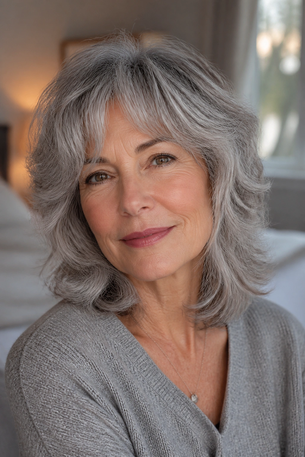 Close-up portrait of a real woman with a soft shag layered gray hair.
