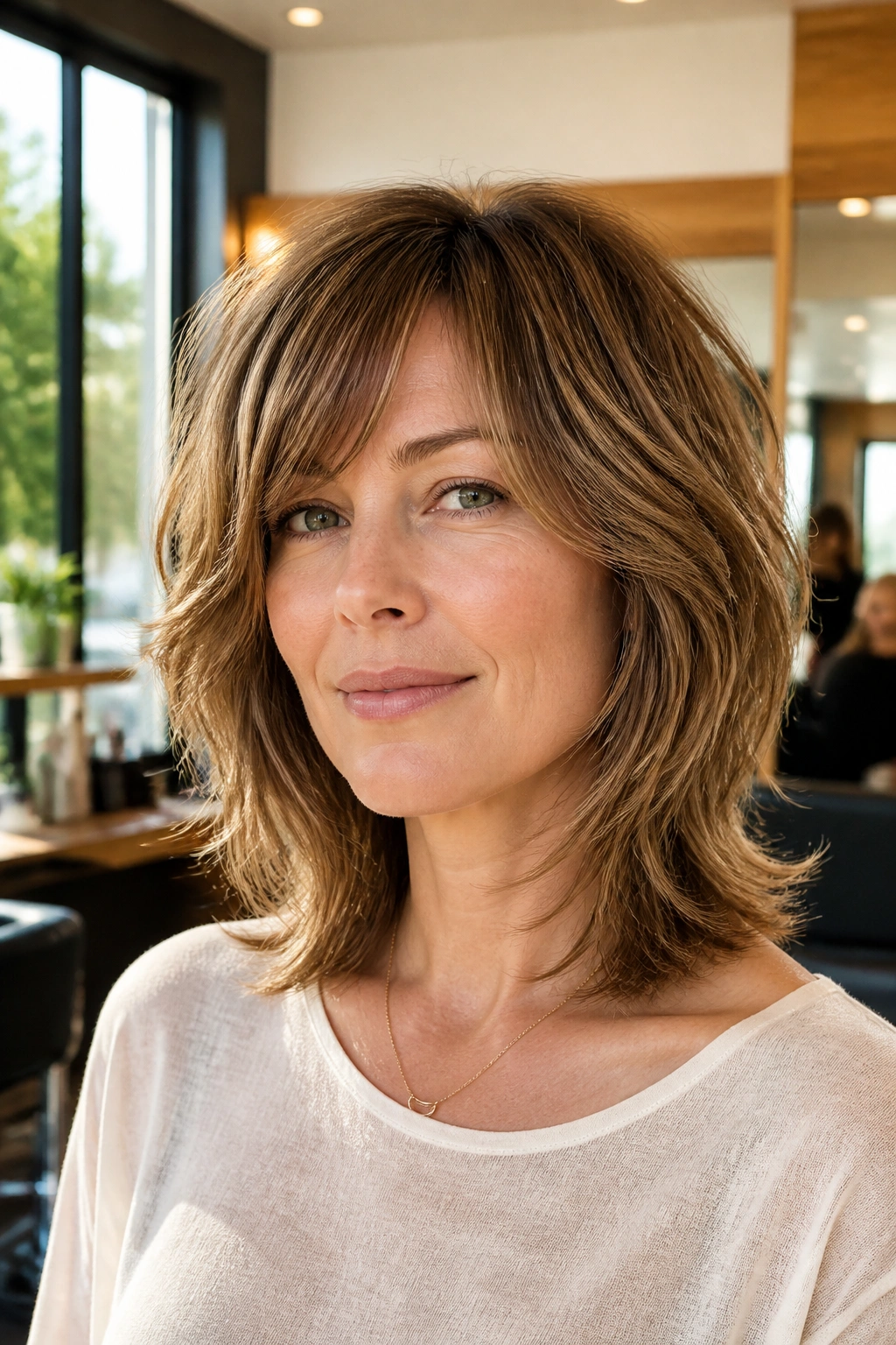 Close-up of a woman with a soft shag and controlled layers in a sunlit salon