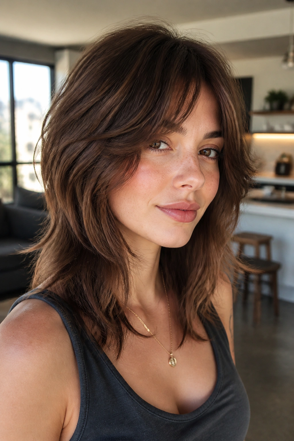 Portrait of a real person with soft shag and face-framing layers in natural light