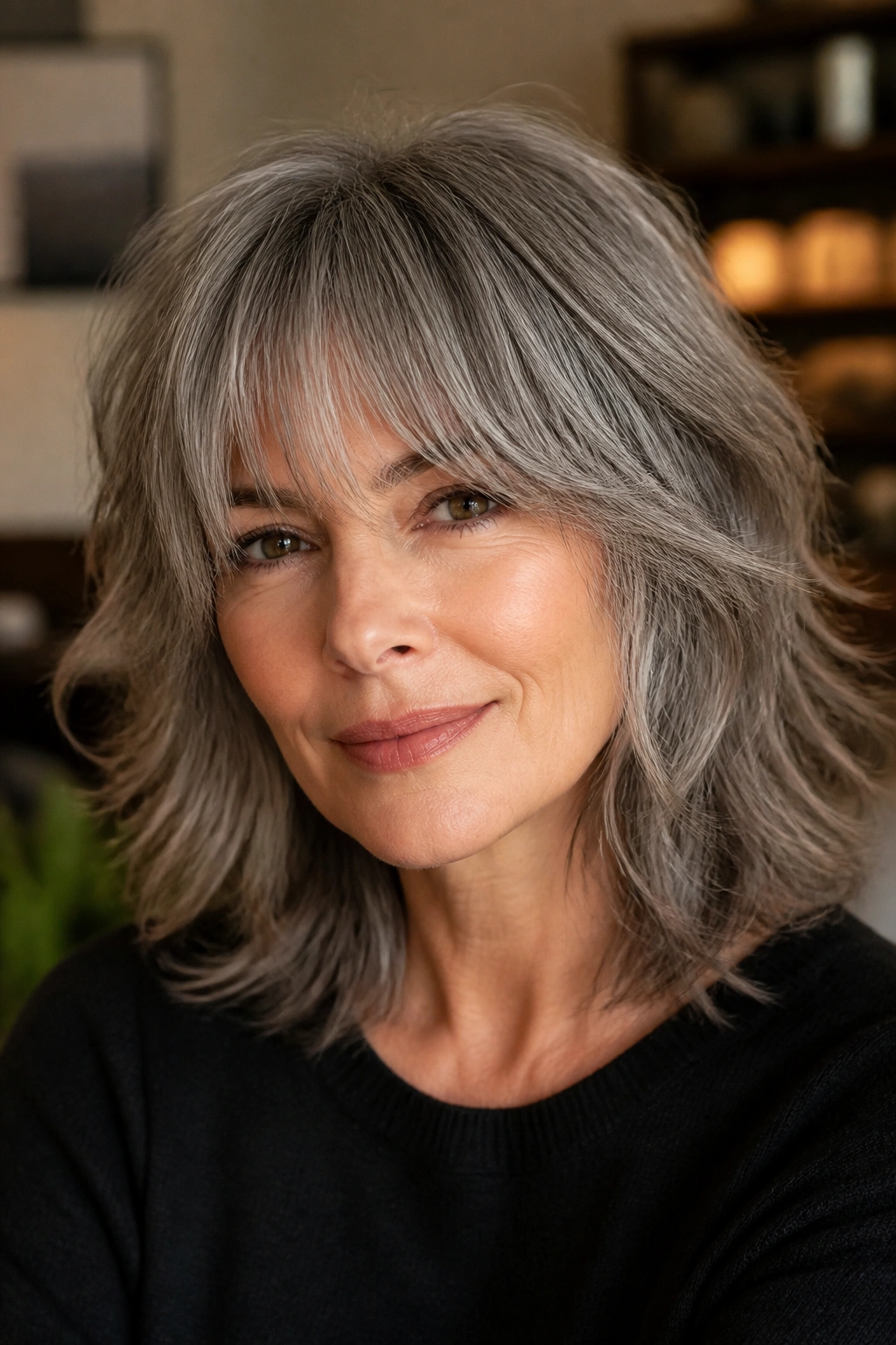 Older woman with soft shag and long fringe