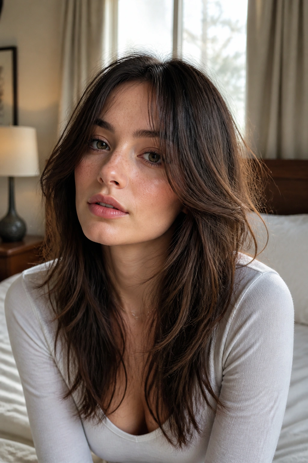 Close-up portrait of a real woman with soft face-framing long shag, cheekbone-length layers and long perimeter, warm window light.