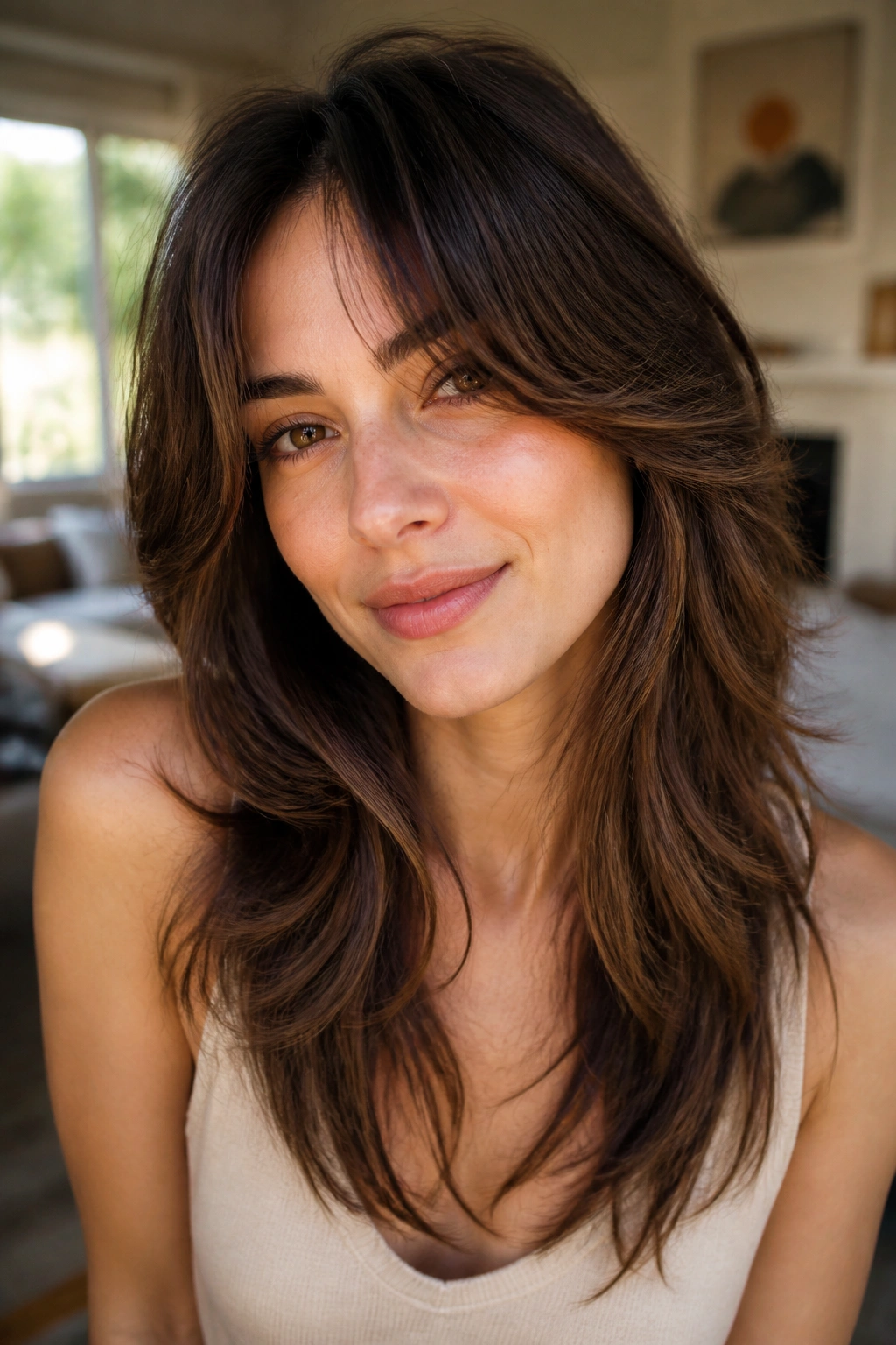 Close-up portrait of woman with soft shag haircut and long layers