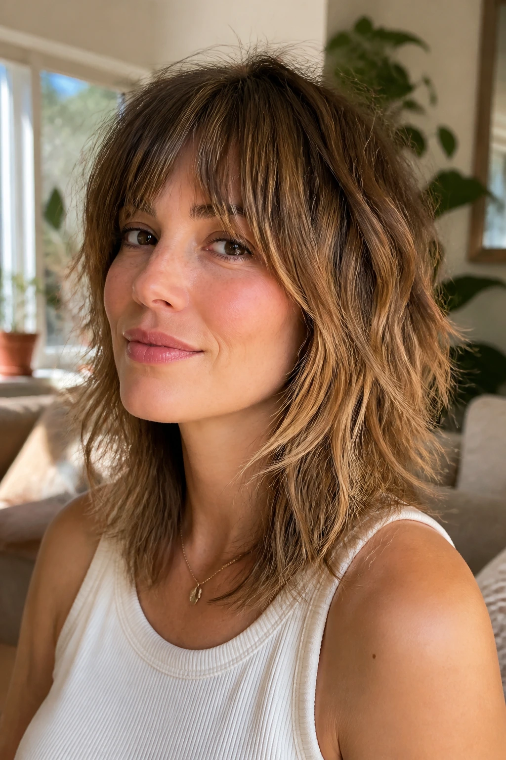 Close-up portrait of a real woman with a soft shag on medium-length hair.