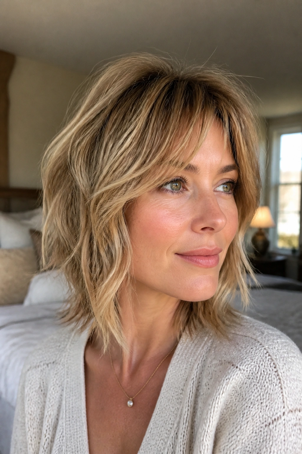 Close-up of a woman with a soft shag and micro-volume at the crown