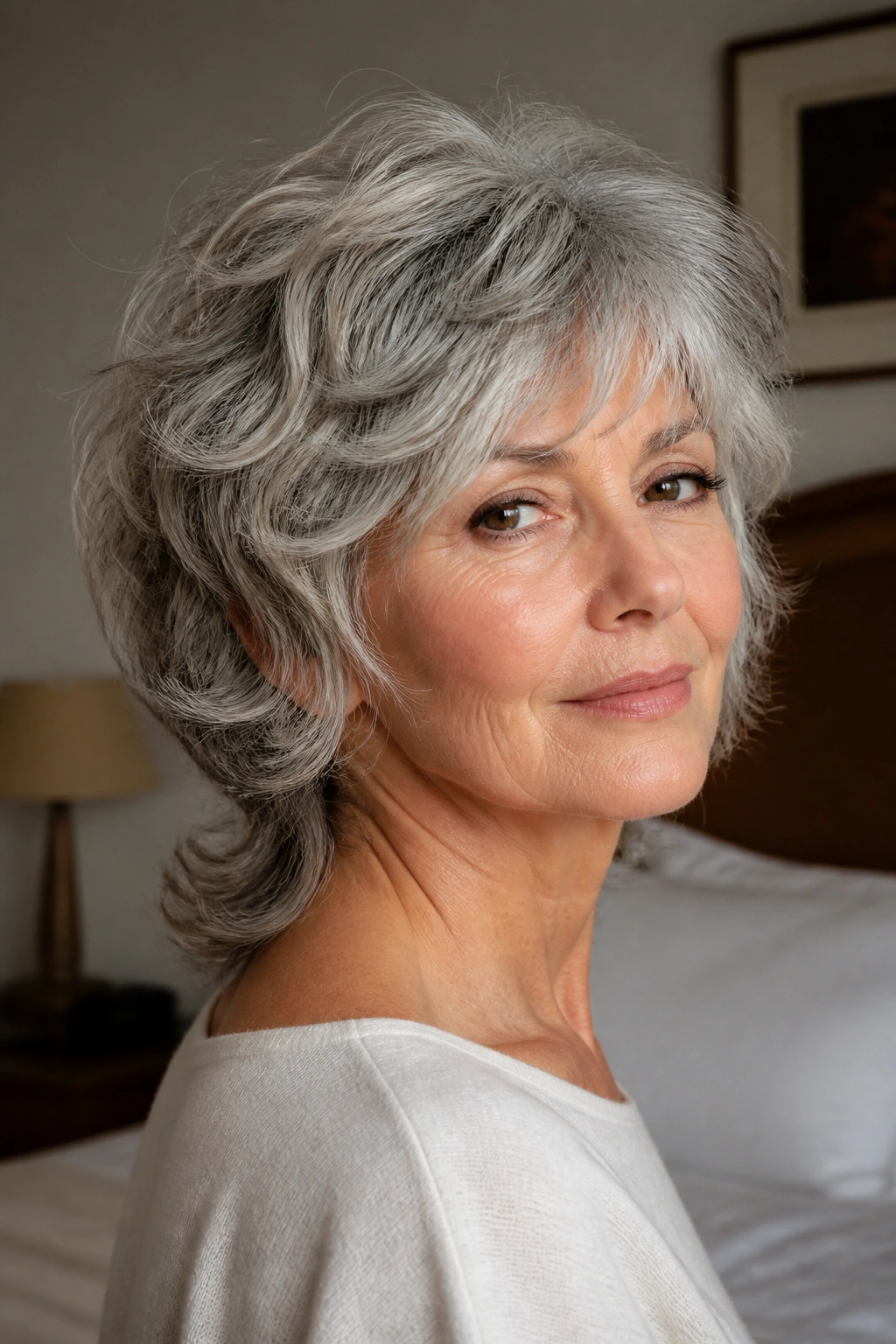 Close-up portrait of a real woman with soft shag and longer nape.