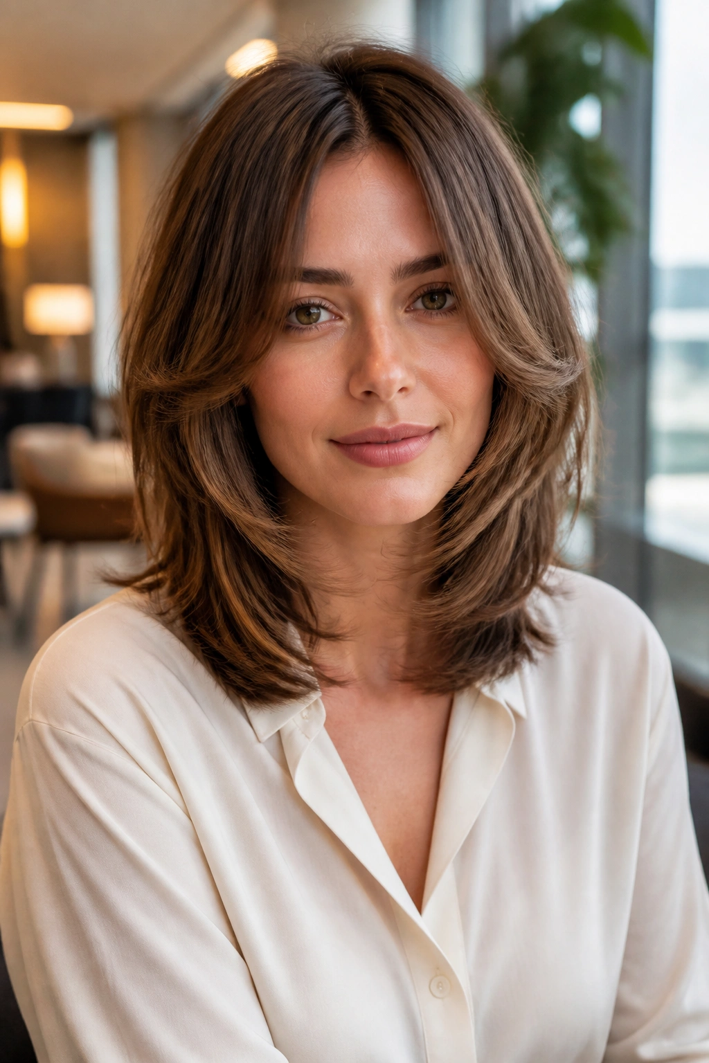Close-up portrait of a real woman with office-friendly soft shag featuring chin-length face-framing layers in a neutral office setting