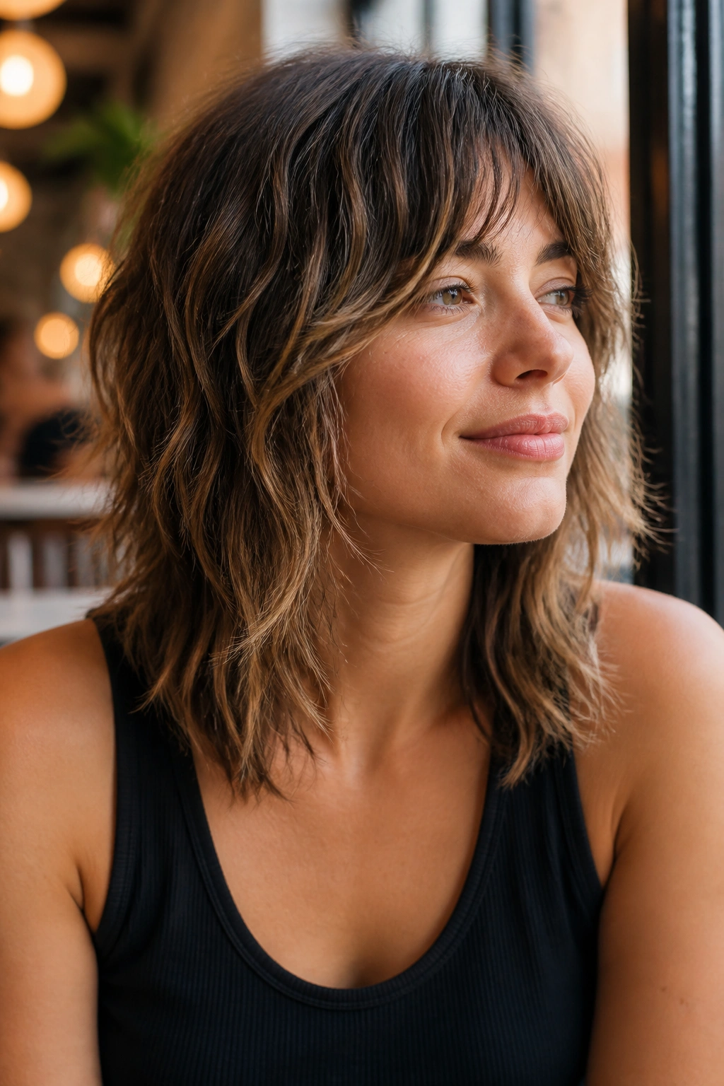Close-up of a real woman with soft shag with piecey ends in warm cafe lighting
