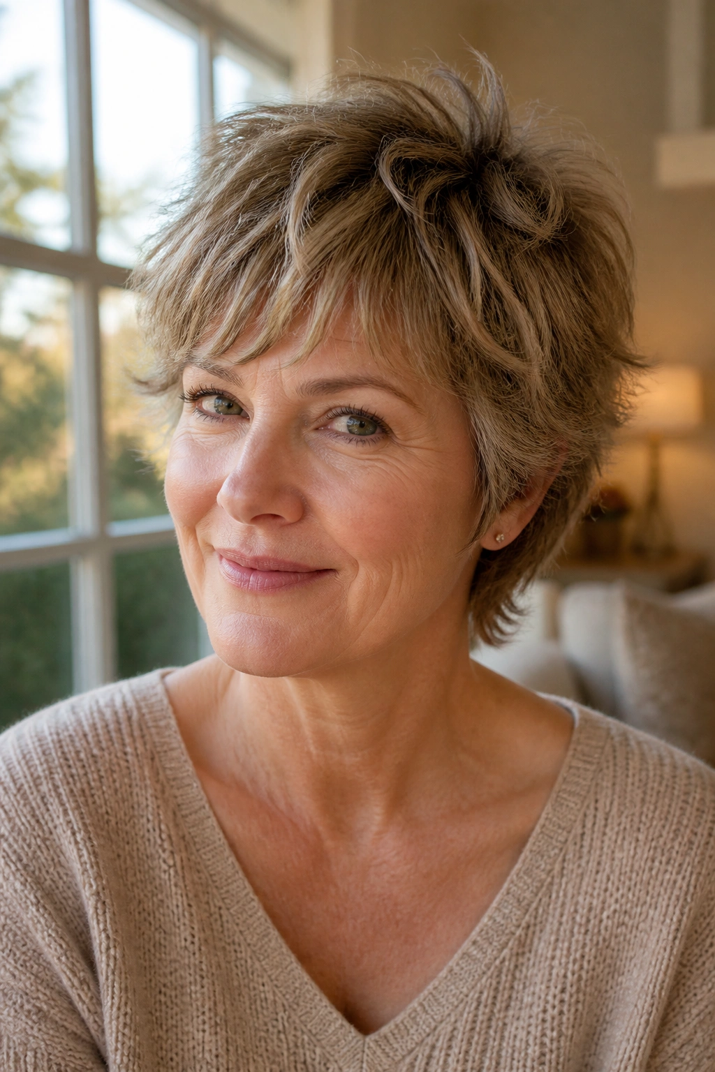 Close-up of a real woman with Soft Shag Pixie with Broken-Up Ends, textured layers