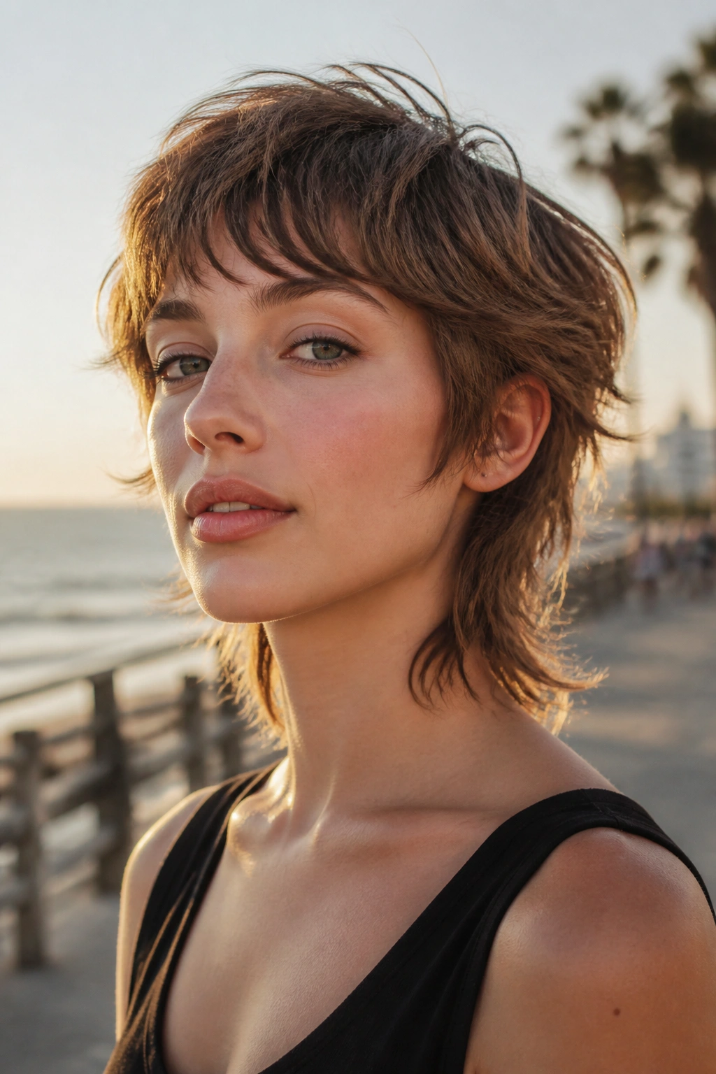 Portrait of a real person with soft shag pixie mullet near seaside setting