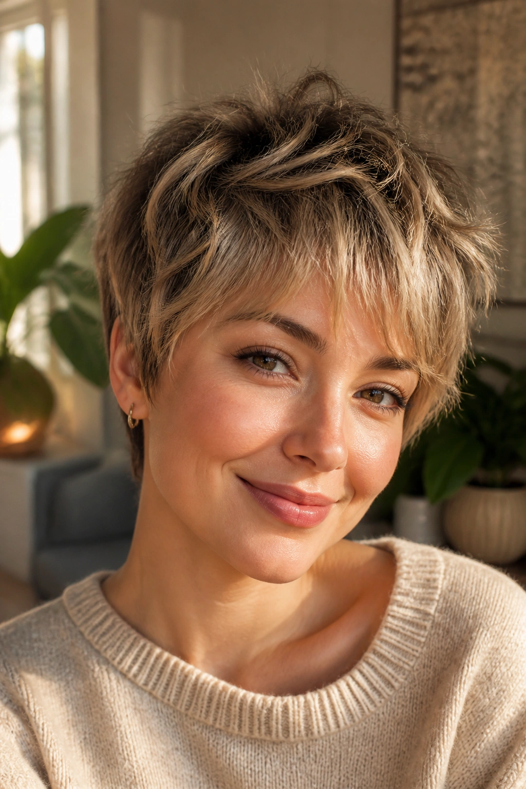 Close-up of a real woman with a soft shag pixie hairstyle