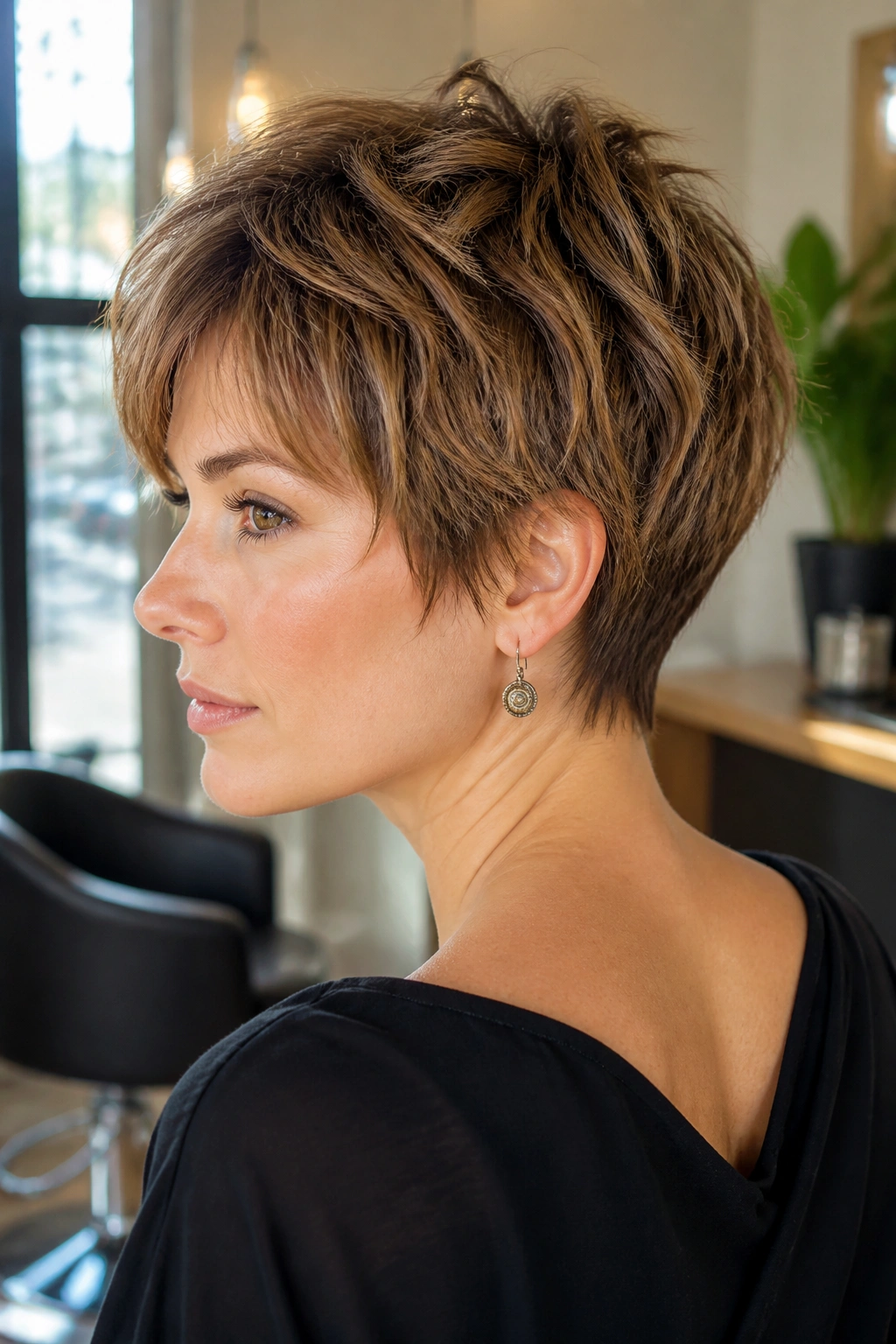 Close-up portrait of a real woman with soft shag pixie and tapered nape.