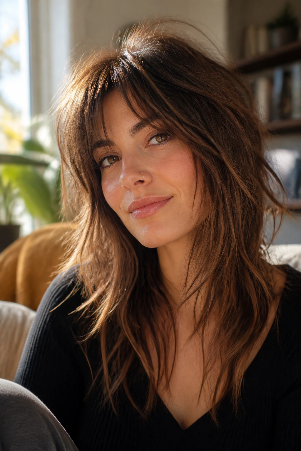 Portrait of a woman with a soft shag haircut and broken-up ends