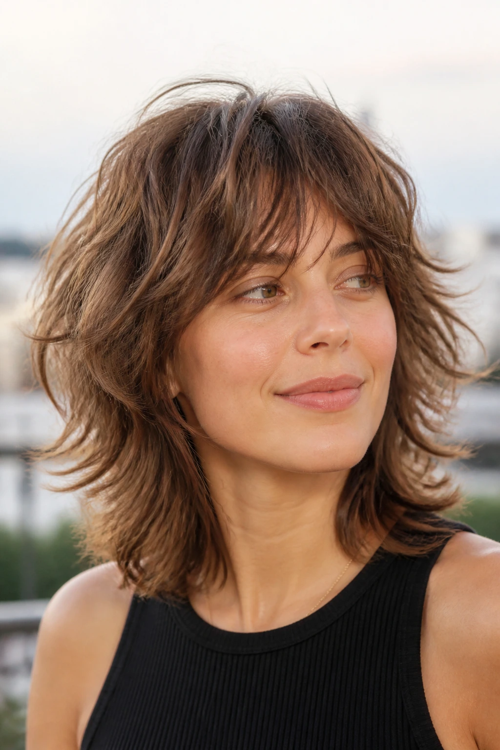 Real woman wearing a soft shag haircut with textured layers