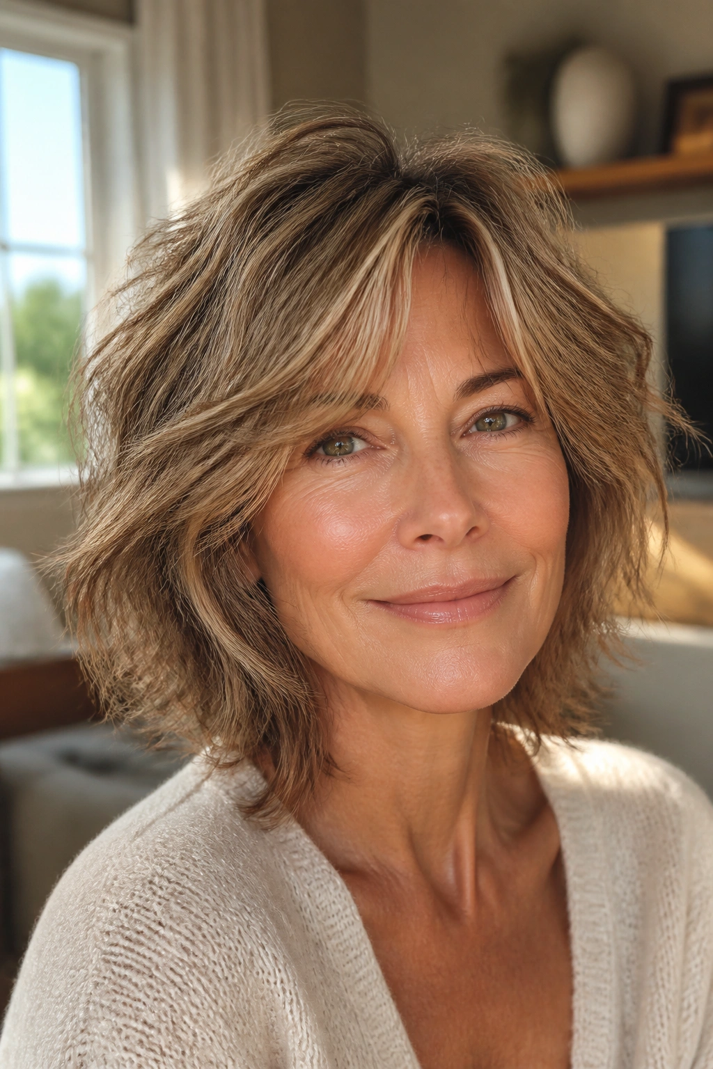 Close-up of woman with soft shag hairstyle and lived-in texture