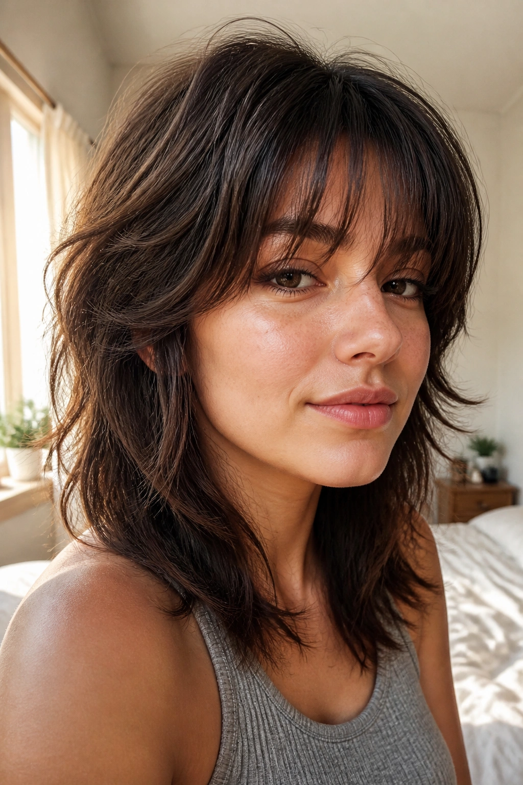 Real woman with soft shag hairstyle featuring blended layers and crown texture