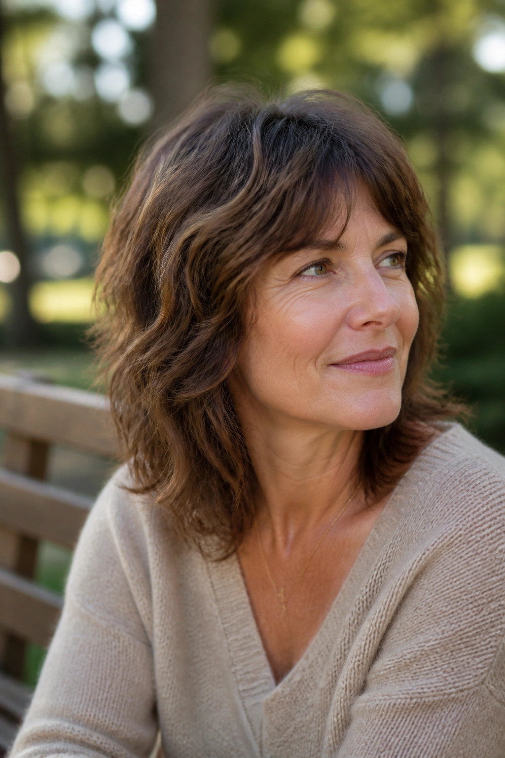 Close-up of a real woman with a soft shag hairstyle and natural waves outdoors