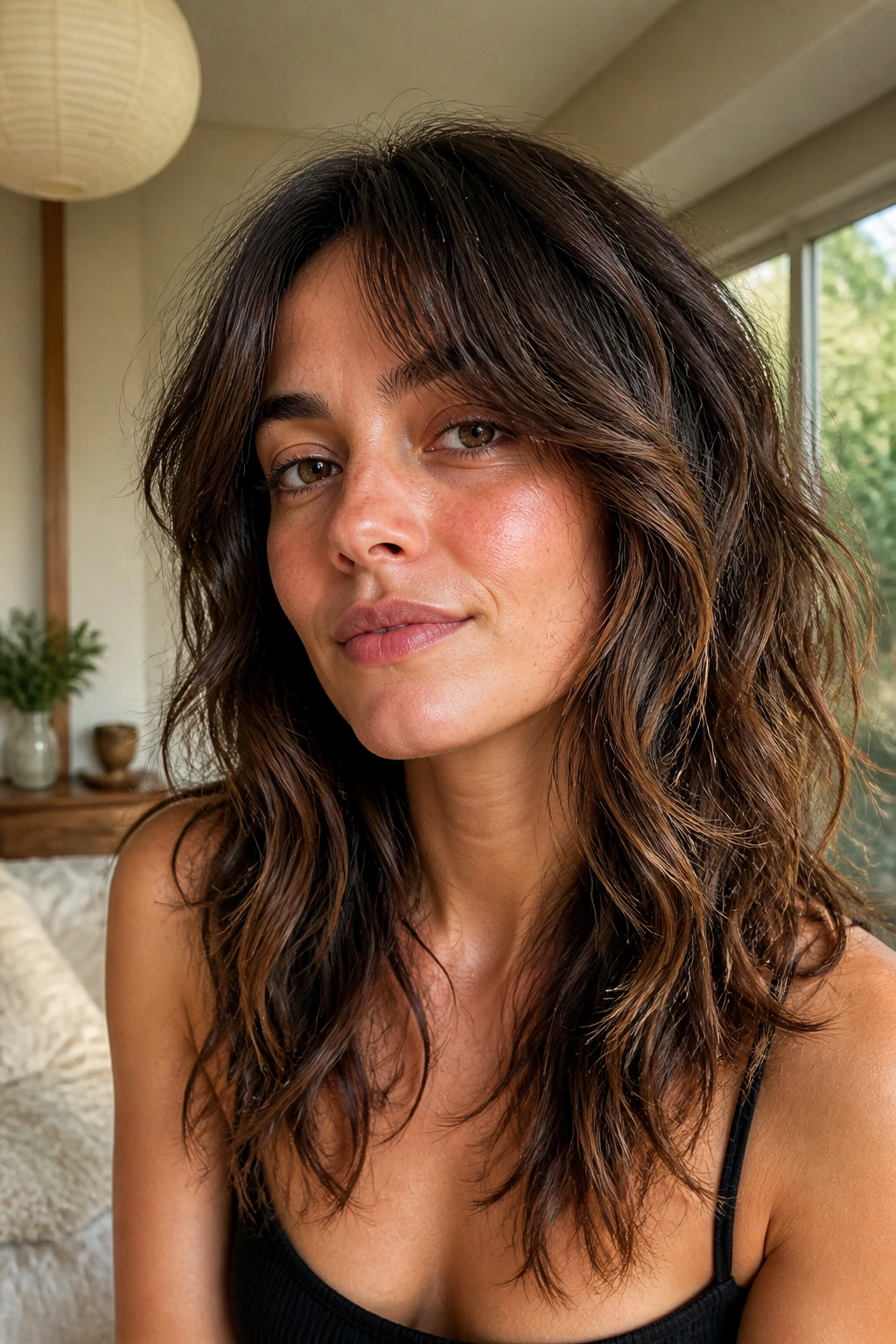 Close-up portrait of a real woman with a soft face-framing shag on wavy hair in warm window light