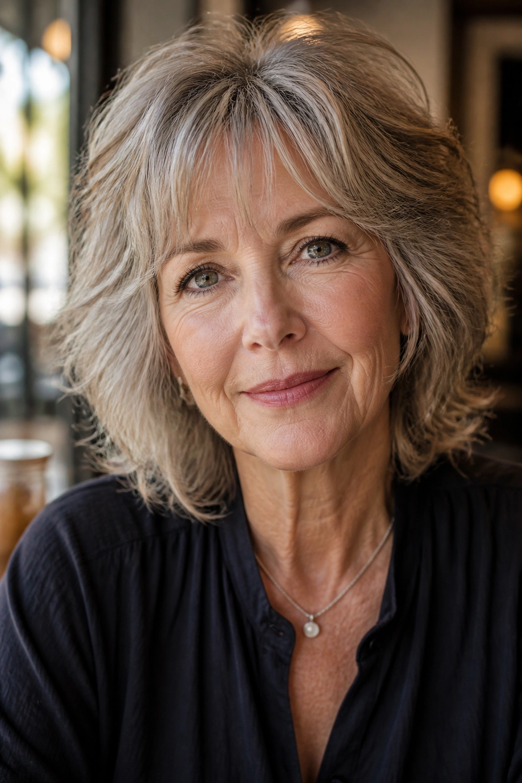 Close-up of a real woman with a soft shag and wispy bangs in natural light