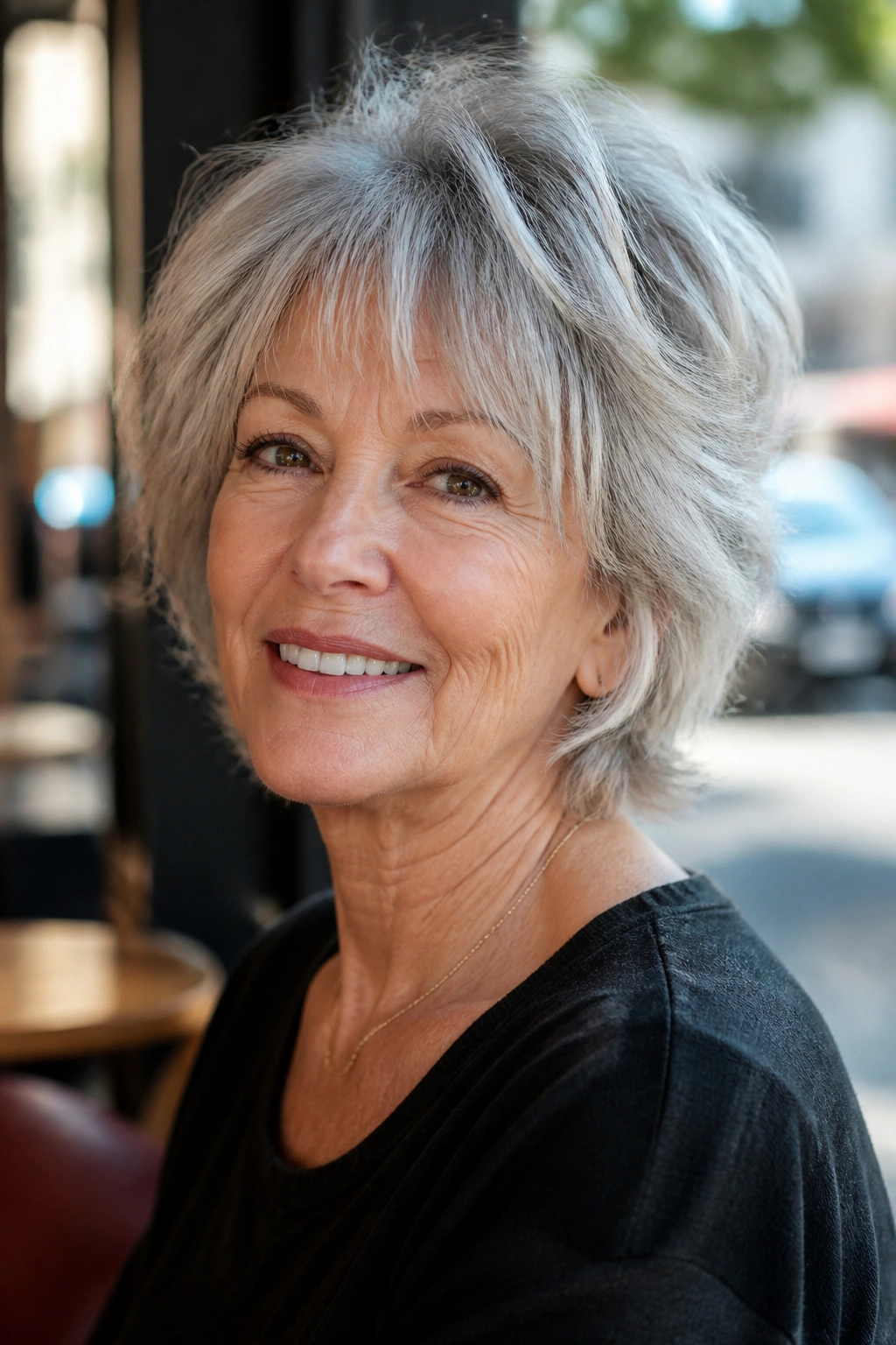 Close-up of an older woman with soft shag and wispy bangs in cafe lighting