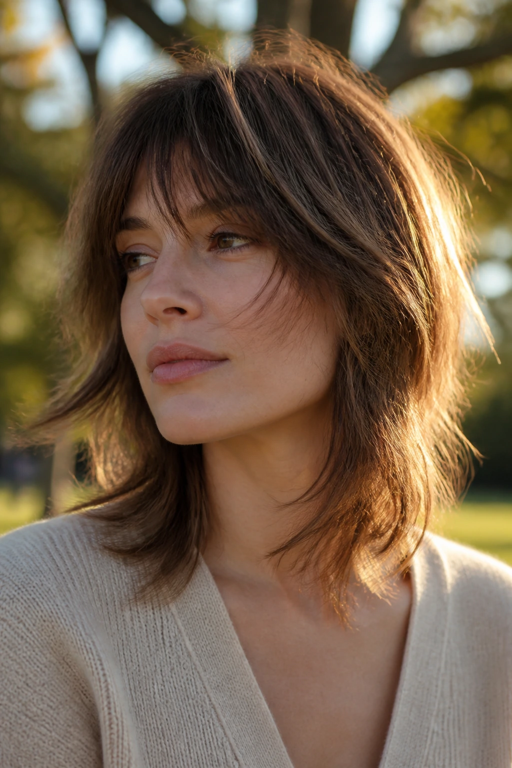 Close-up portrait of a woman with a soft shag and wispy ends.