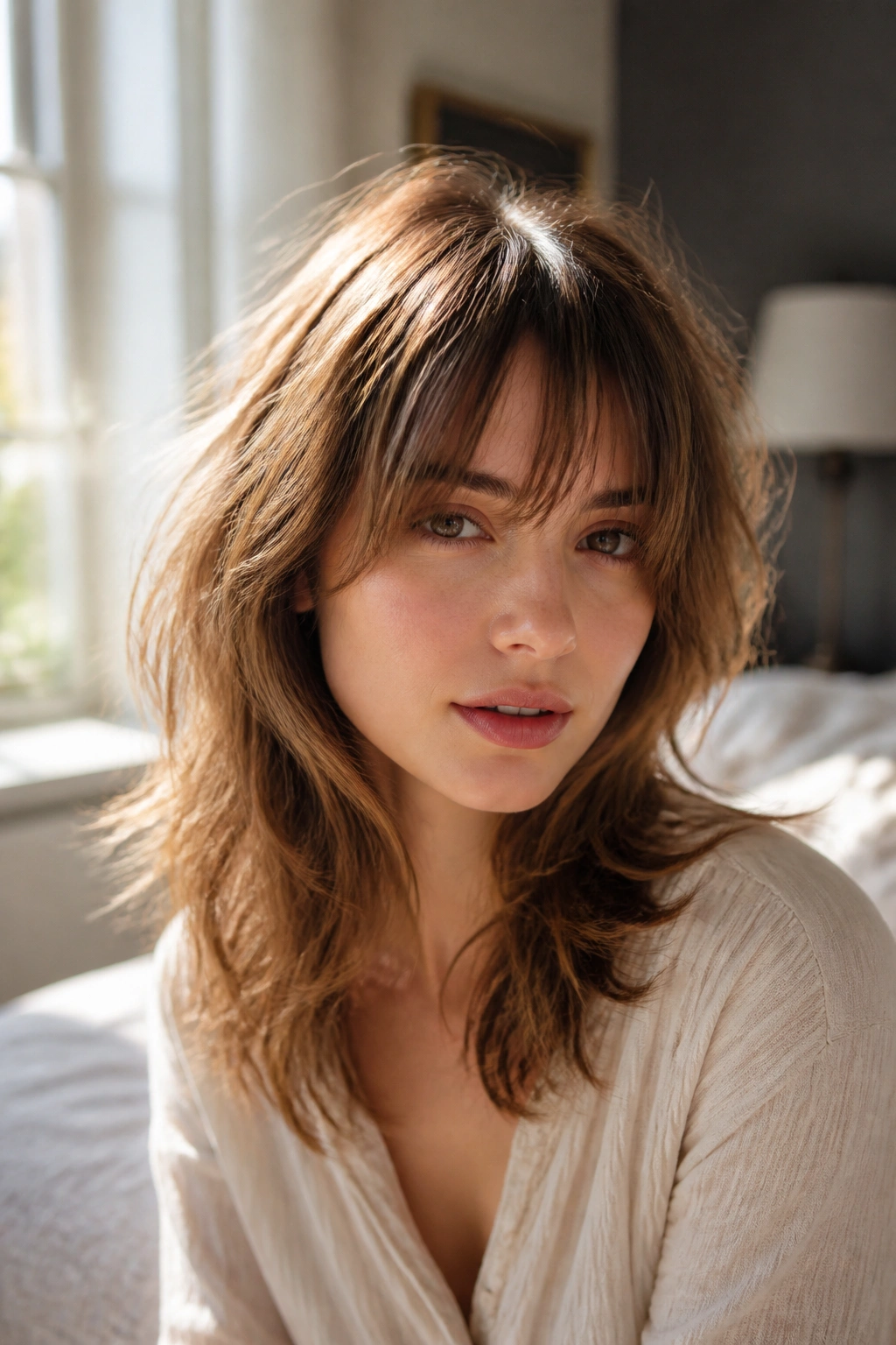 Close-up of a real woman with soft shag and wispy fringe in warm window light