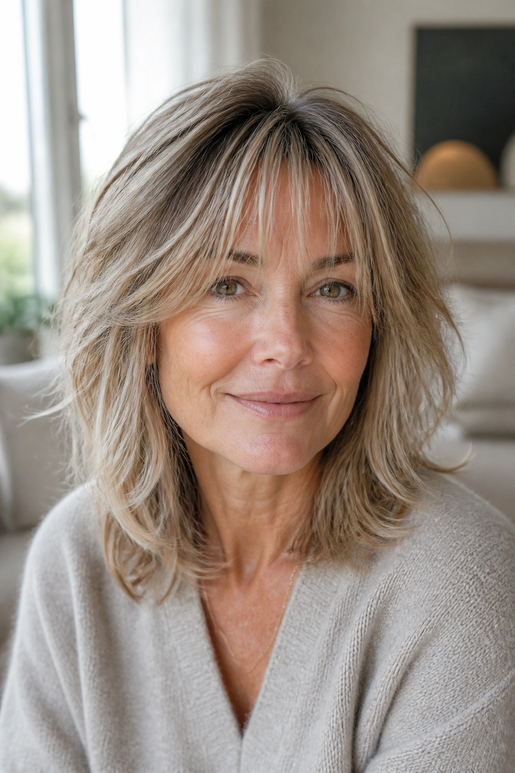 Close-up portrait of a real woman with soft shag and wispy fringe.
