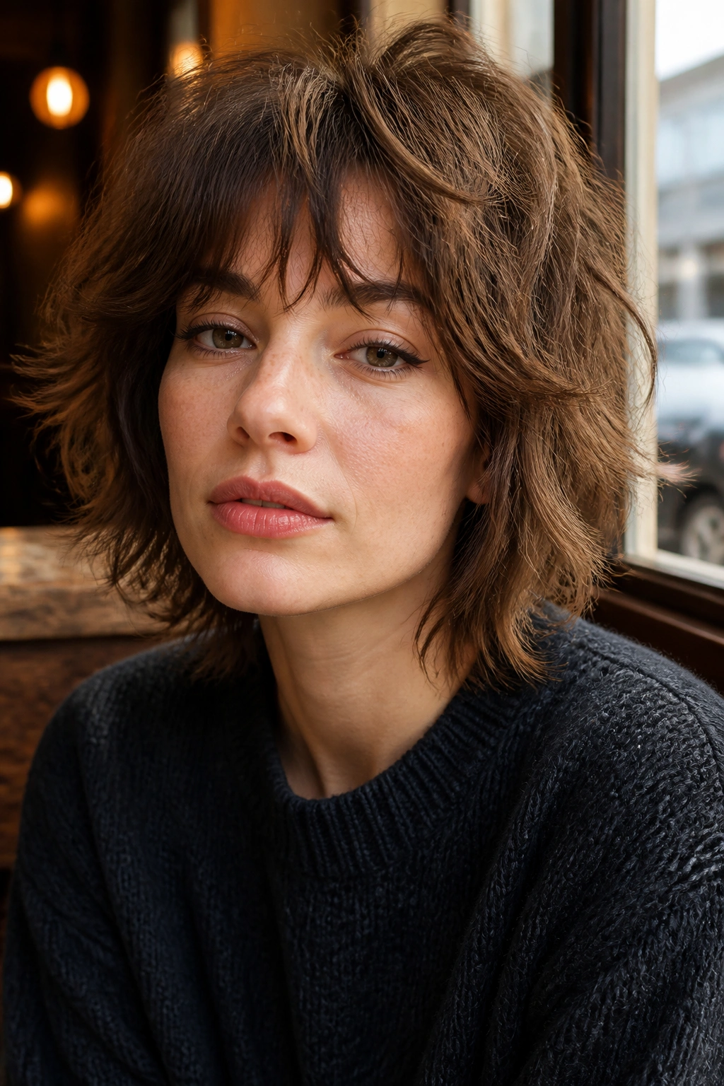 Portrait of a woman with brow-skimming fringe wolf cut in a cozy cafe window setting