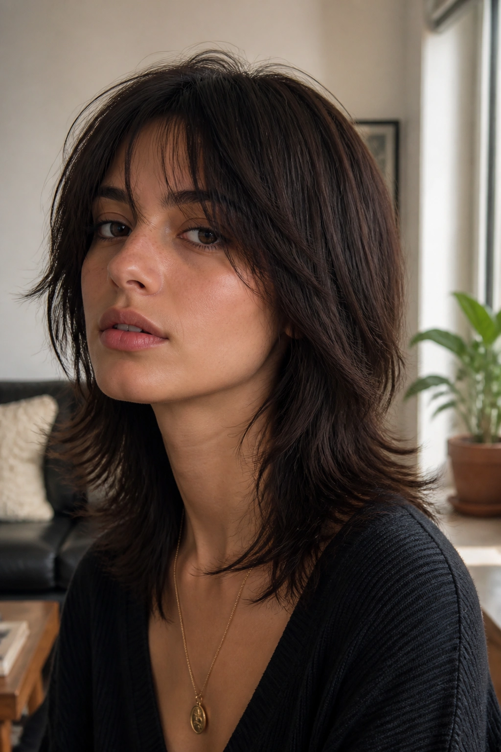 Real woman with soft shag-wolf hybrid hairstyle in a cozy living room.